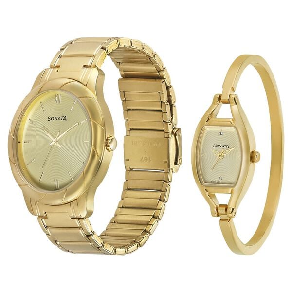 Sonata Quartz Analog Beige Dial Stainless Steel Strap Watch for Couple - image number 1