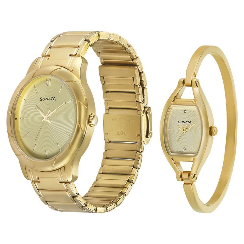 Sonata Quartz Analog Beige Dial Stainless Steel Strap Watch for Couple - image number 1
