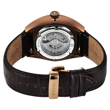 Titan Stellar Cupola Automatic Analog with Sun Moon Phase and Silver Dial Brown Leather Strap Watch for Men