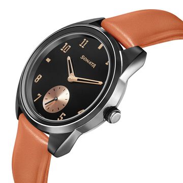 Sonata Women of Steel Black Dial Leather Strap Watch for Women