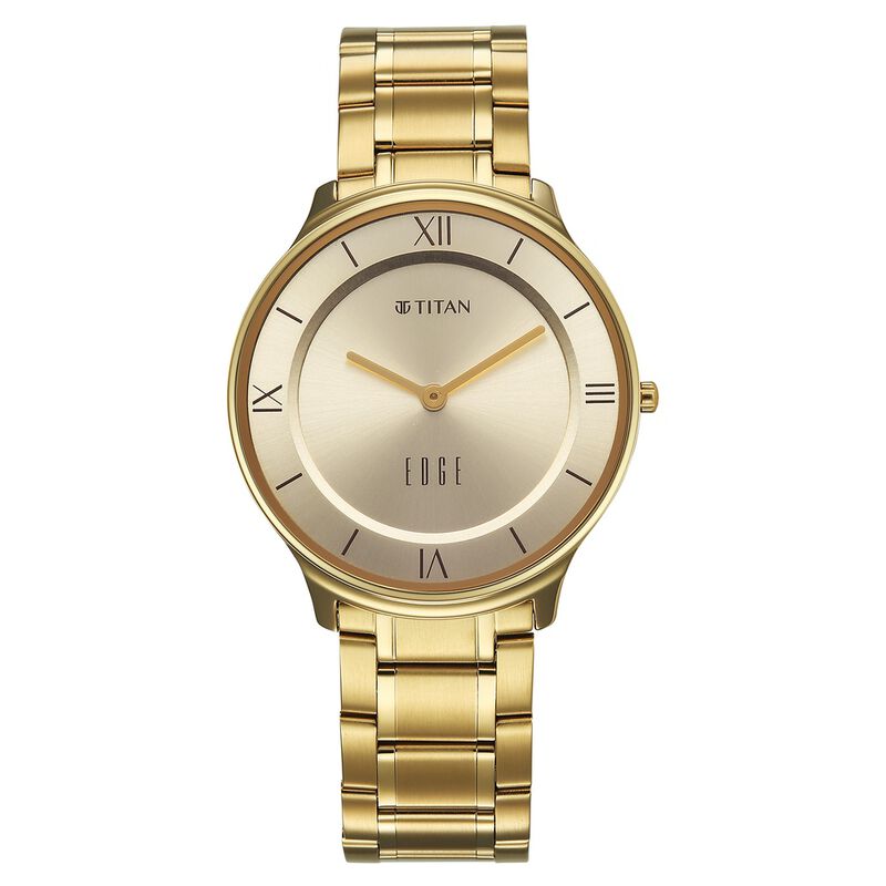 Titan Edge Gleam Quartz Analog Champagne Dial Golden Stainless Steel Strap Watch For Men