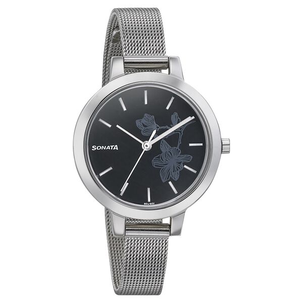 Sonata Silver Lining Black Dial Women Watch With Stainless Steel Strap - image number 0