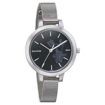 Sonata Silver Lining Black Dial Women Watch With Stainless Steel Strap