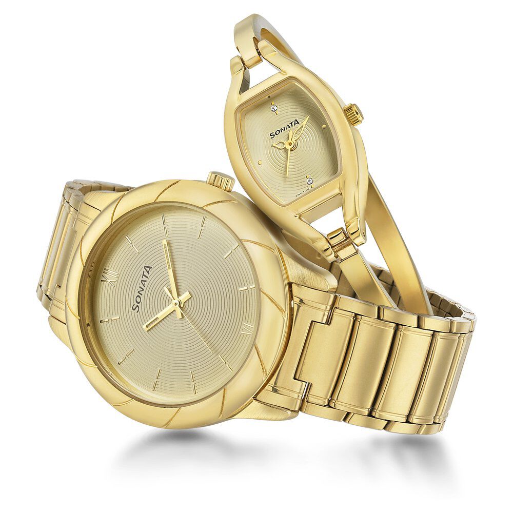 Buy Online Sonata Quartz Analog Beige Dial Stainless Steel Strap Watch for Couple ns71258114ym01p Titan