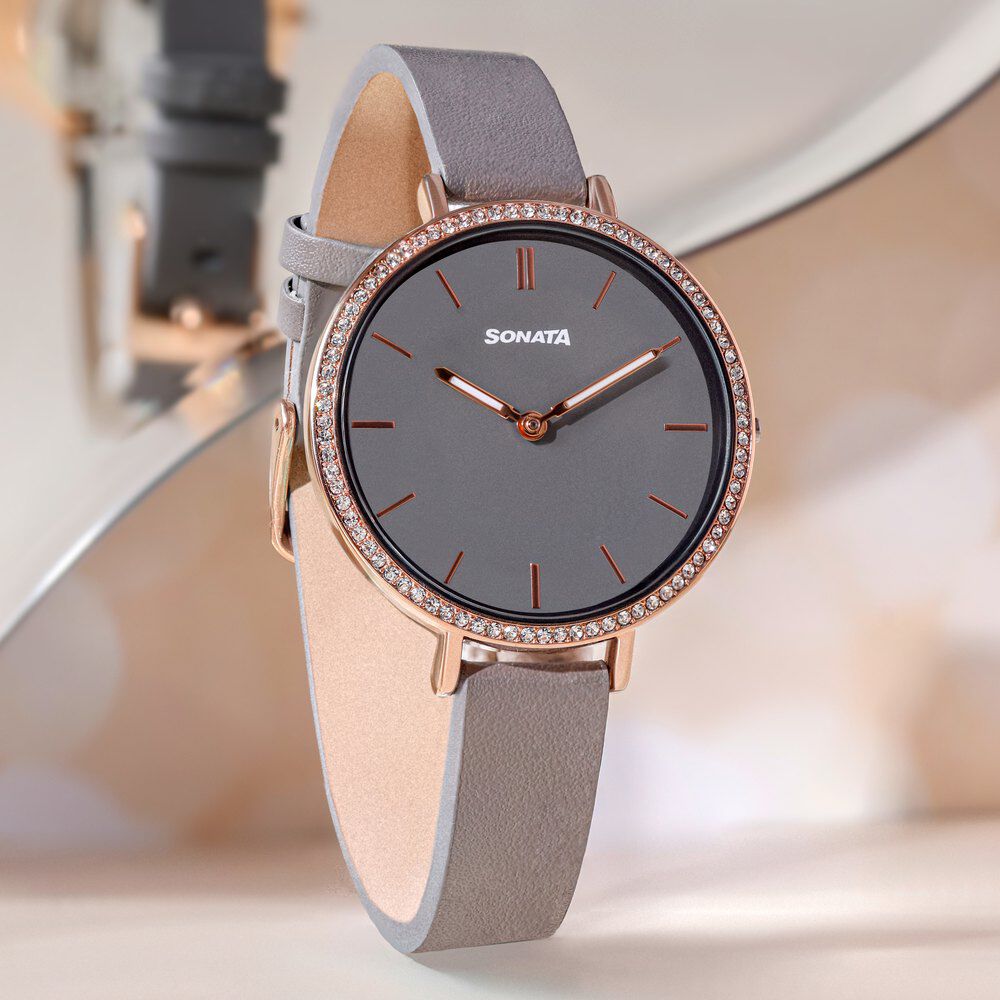 Buy Online Sonata Quartz Analog Grey Dial Grey Leather Strap Watch For Women 87070wl01 Titan