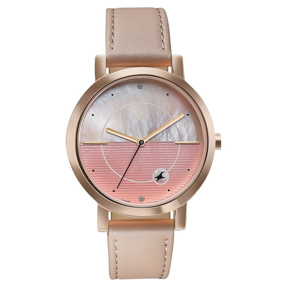 Fastrack Style Up Quartz Analog Pink Mother Of Pearl Dial Pink Leather Strap Watch For Girls-image-29