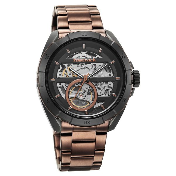 Fastrack Automatics Black Dial Brown Stainless Steel Strap Watch For Guys - image number 1