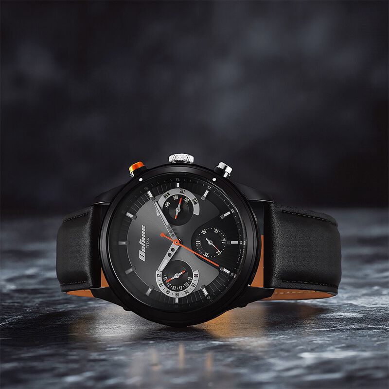 Titan Octane Quartz Multifunction Black Dial With Black Leather Strap Watch For Men