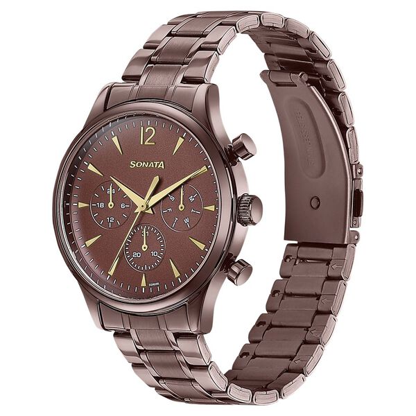 Sonata Wedding Edit Quartz Multifunction Brown Dial Stainless Steel Strap Watch For Men - image number 3