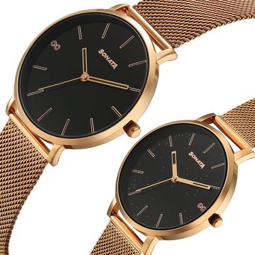 Sonata Soulmate Quartz Analog Black Dial Stainless Steel Strap Watch For Couple