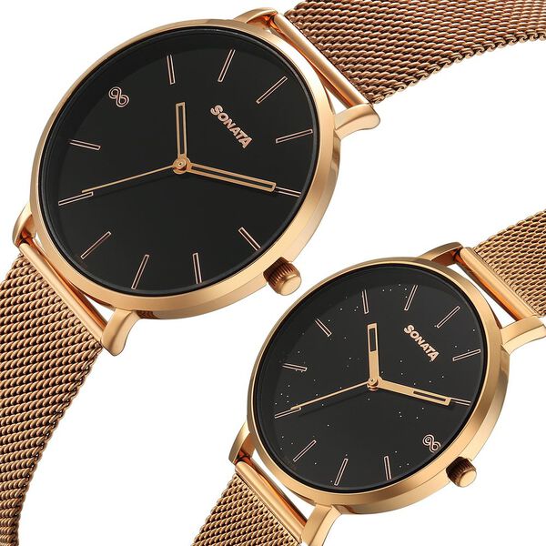 Sonata Soulmate Quartz Analog Black Dial Stainless Steel Strap Watch For Couple - image number 4