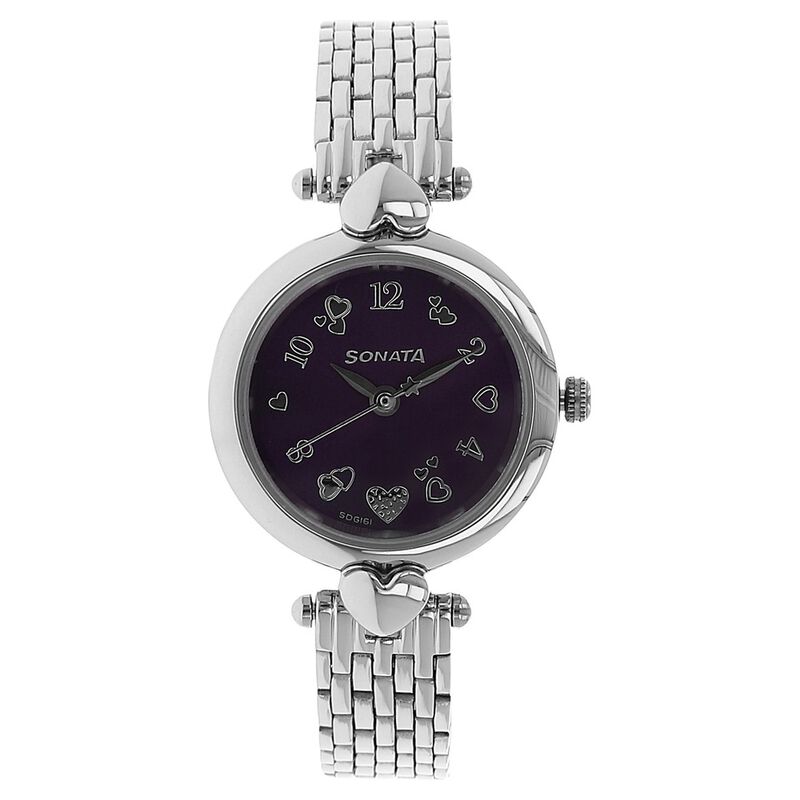 Sonata Quartz Analog Purple Dial Stainless Steel Strap Watch for Women