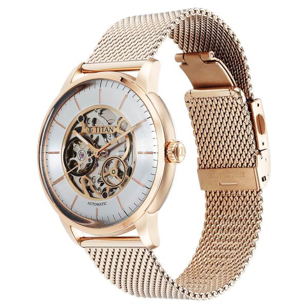 Titan Skeletal Automatic Gold Dial Gold Stainless Steel Strap Watch for Men - image number 3