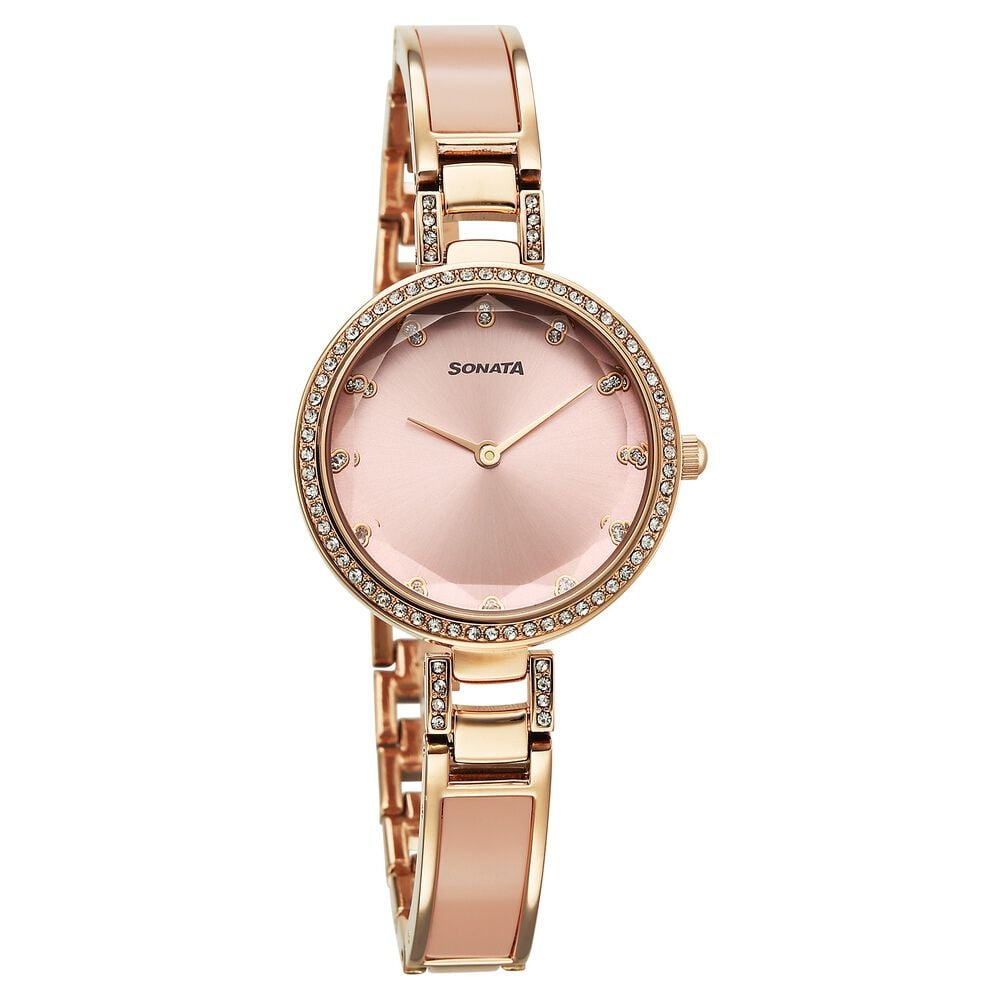 Sonata Aura Quartz Analog Pink Dial Rose Gold Stainless Steel Strap Watch For Women-picture-20