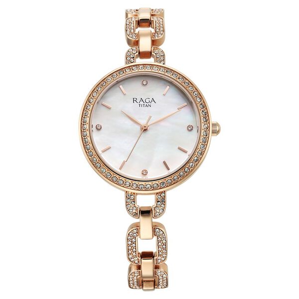 Titan Raga Showstopper Quartz Analog Mother Of Pearl Dial Rose Gold Metal Strap Watch For Women - image number 0