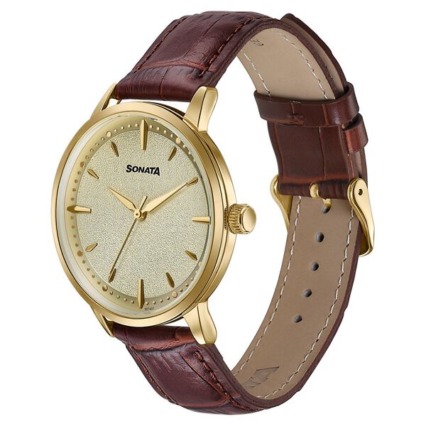 Sonata Jashn Quartz Analog Golden Dial Brown Leather Strap Watch For Men - image number 2