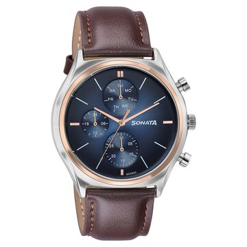 Sonata Festive Quartz Multifunction Blue Dial Brown Leather Strap Watch For Men