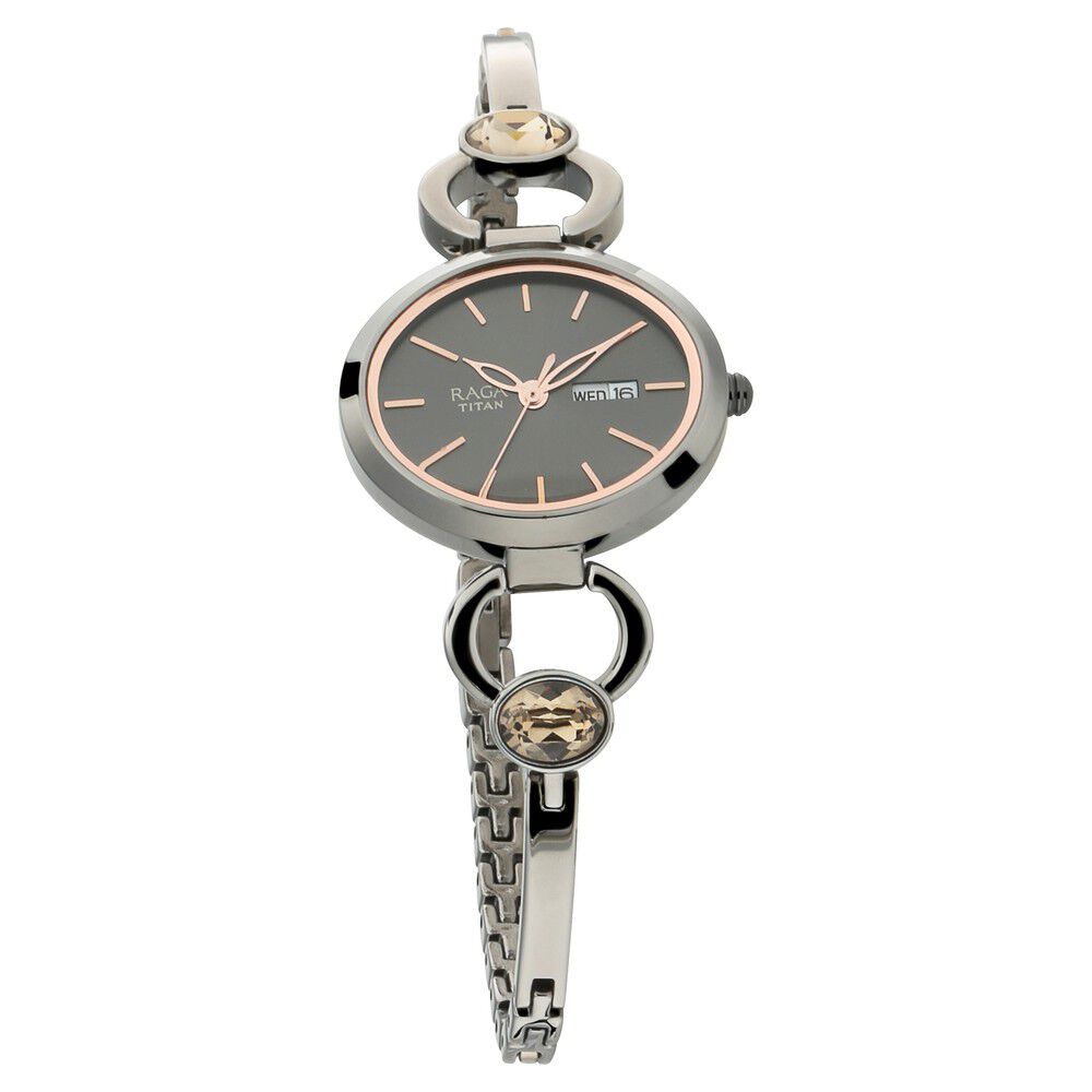 Buy Online Titan Raga Viva Grey Dial Analog with Day and Date Metal Strap Watch for Women ns2621qm01 Titan