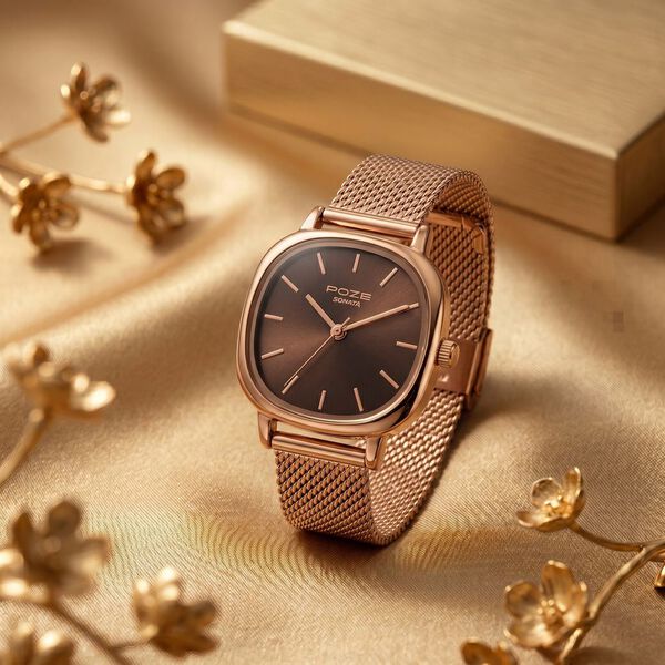Poze By Sonata Quartz Analog Brown Dial Golden Metal Strap Watch For Women - image number 0