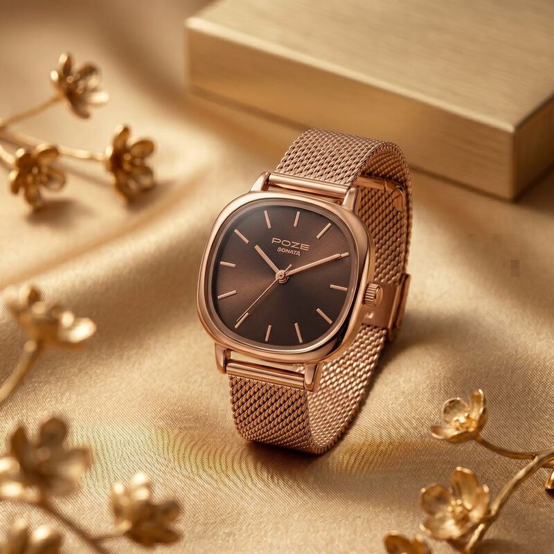 Poze By Sonata Quartz Analog Brown Dial Golden Metal Strap Watch For Women