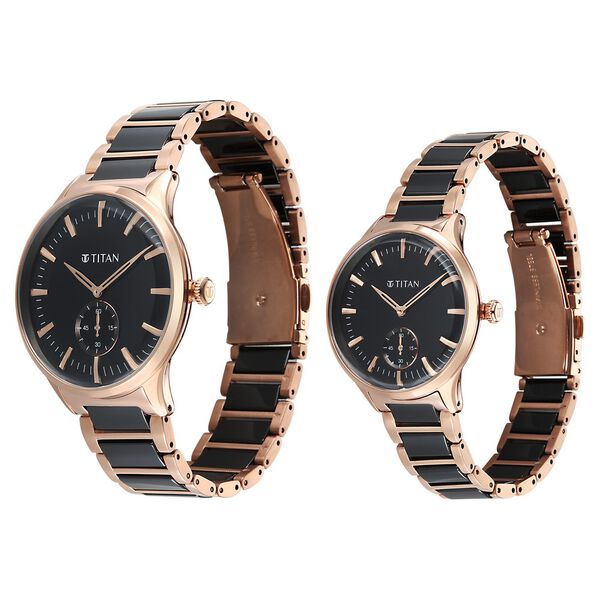 Titan Modern Bandhan Pair Analog with Black Dial Ceramic and Rose Gold Stainless Steel Strap Watch for Couples - image number 2