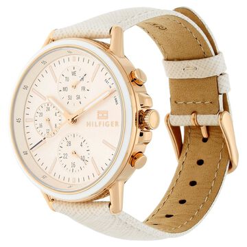 Tommy Hilfiger Quartz Analog with Day and Date Pink Dial Leather Strap Watch for Women