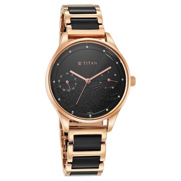 Titan Purple Acetate Black Dial Analog with Day and Date Metal and Acetate Strap Watch for Women