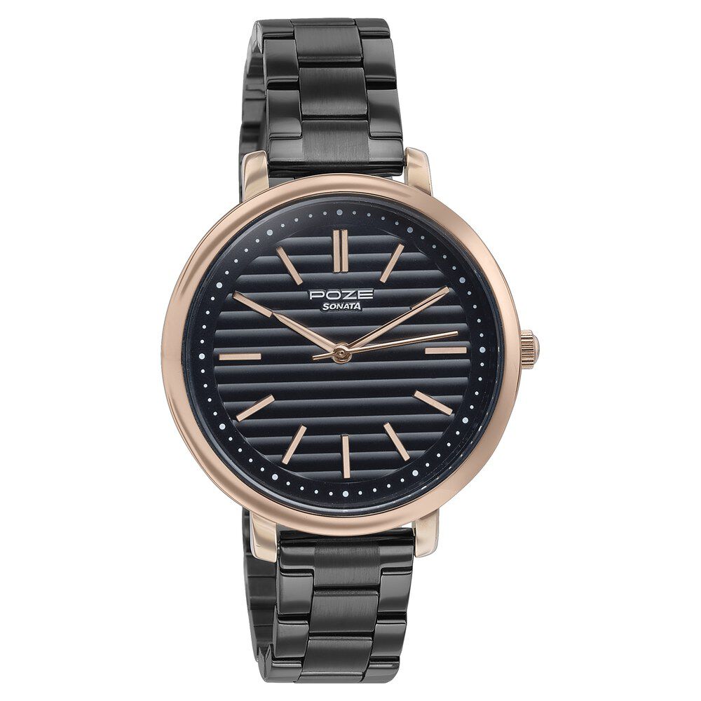 Buy Online Sonata Poze Quartz Analog Black Dial Black Color Stainless Steel Strap Watch For Women sp80081km02wf Titan