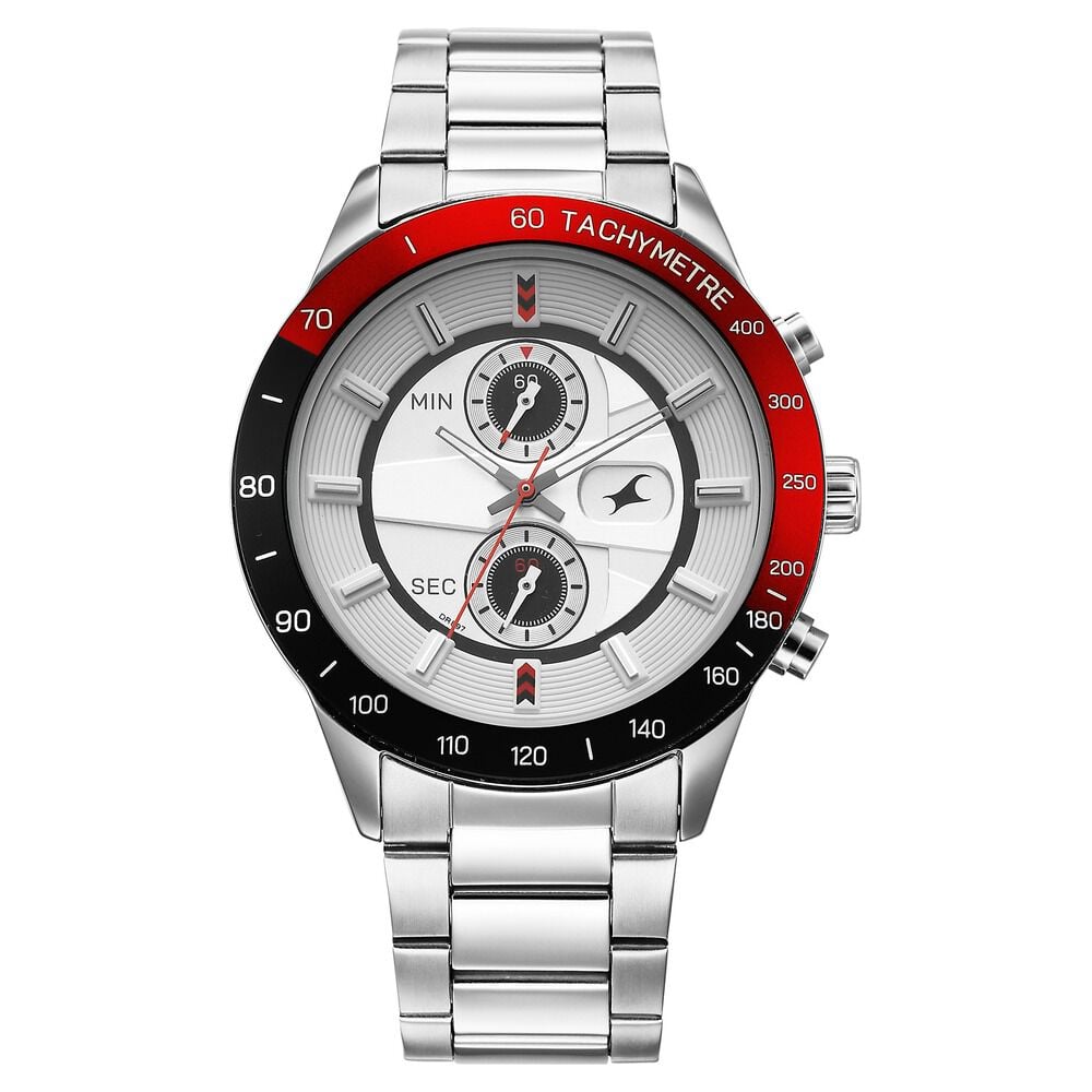 Fastrack Overdrive Quartz Chronograph Tachymeter White Dial Silver Stainless Steel Strap Watch For Guys-image-5