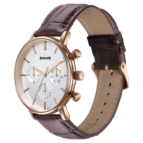 Sonata Festive Quartz Multifunction Silver Dial Brown Leather Strap Watch For Men - image number 2