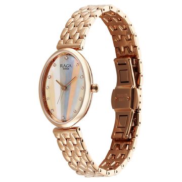 Titan Raga Memoirs Quartz Analog Mother Of Pearl Dial Rose Gold Metal Strap Oval Shaped Watch For Women