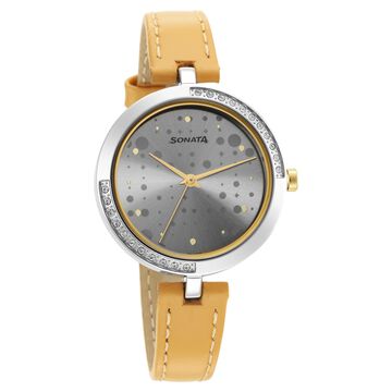 Sonata Utsav Grey Dial Peach Leather Strap Watch for Women