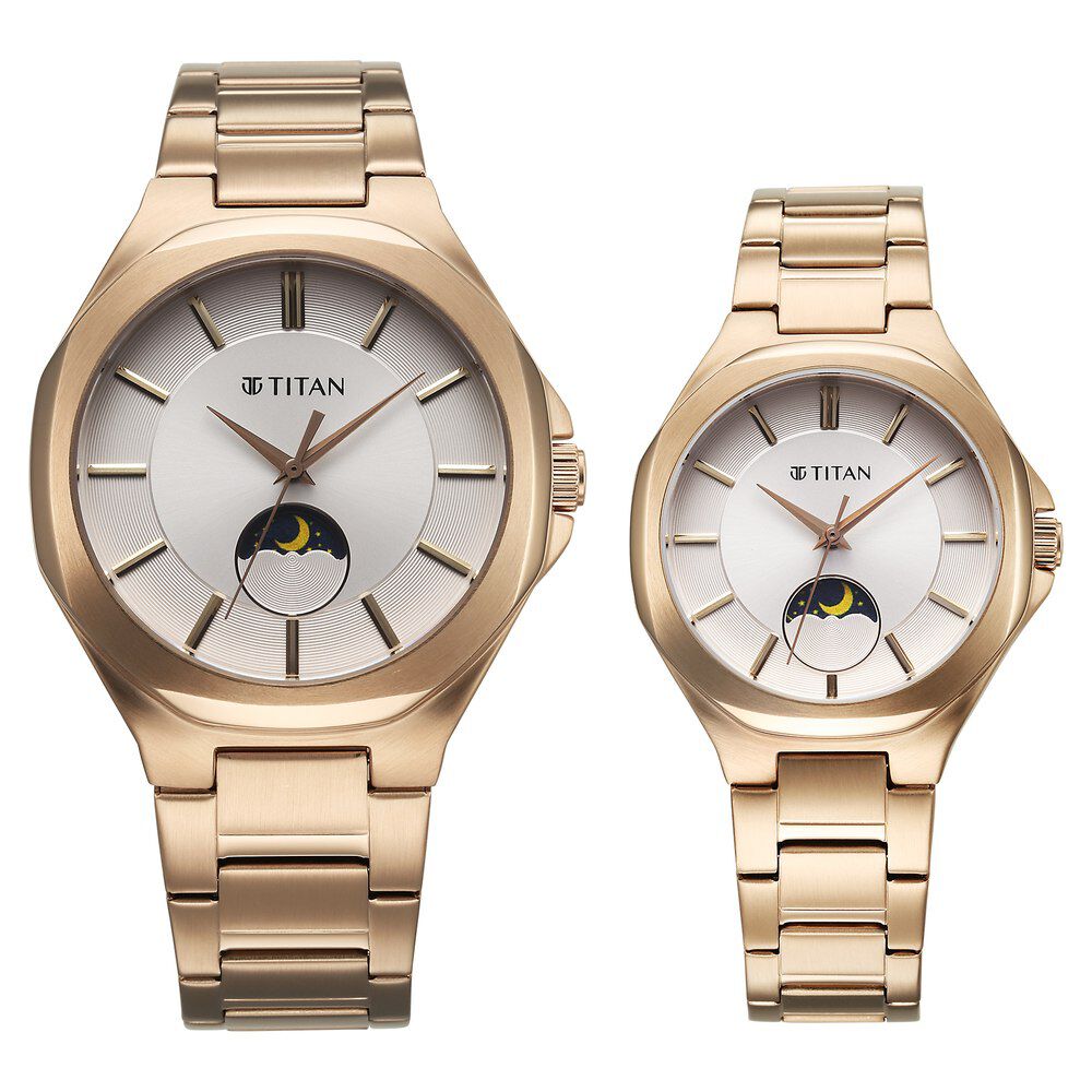 Buy Online Titan Bandhan Quartz Analog With Sun Moon Silver Dial Rose Gold Stainless Steel Strap Watch For Couple 9400994209wm01 p Titan