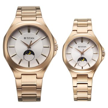 Titan Bandhan Quartz Analog With Sun - Moon Silver Dial Rose Gold Stainless Steel Strap Watch For Couple