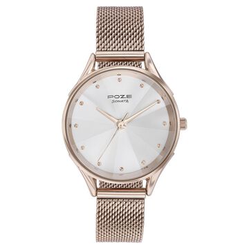 Sonata Poze Quartz Analog White Dial Rose Gold Color Stainless Steel Strap Watch For Women