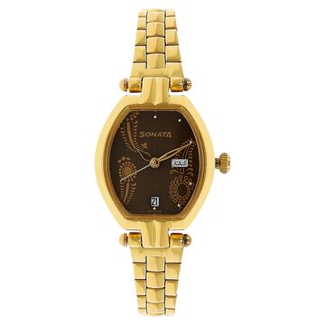Sonata Quartz Analog with Day and Date Brown Dial Stainless Steel Strap Watch for Women