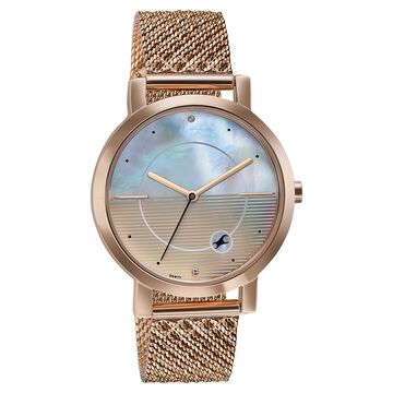 Fastrack Style Up Quartz Analog Mother Of Pearl Dial Rose Gold Stainless Steel Strap Watch For Girls