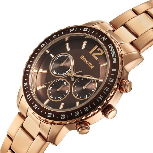 Sonata Chronos Quartz Analog with Date Brown Dial Rose Gold Colour Stainless Steel Strap Watch For Men - image number 2