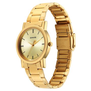 Sonata Classic Quartz Analog Champagne Dial Golden Stainless Steel Strap Watch for Men