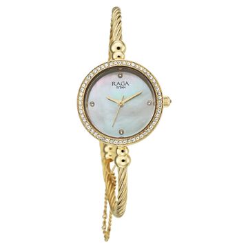 Titan Raga Spotlight Quartz Analog White Dial Golden Metal Strap Watch For Women