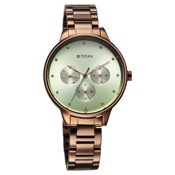 Titan Razzle Dazzle Quartz Analog with Day and Date Green Dial Brown Stainless Steel Strap Watch For Women