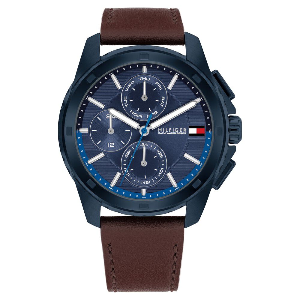 Buy Online Tommy Hilfiger Multifunction Blue Dial Brown Leather