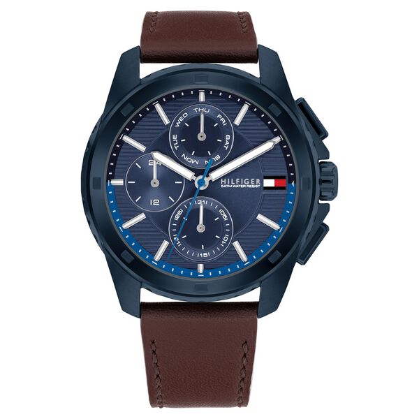 Tommy Hilfiger Multifunction Blue Dial Brown Leather Strap Watch for Men - image number 0
