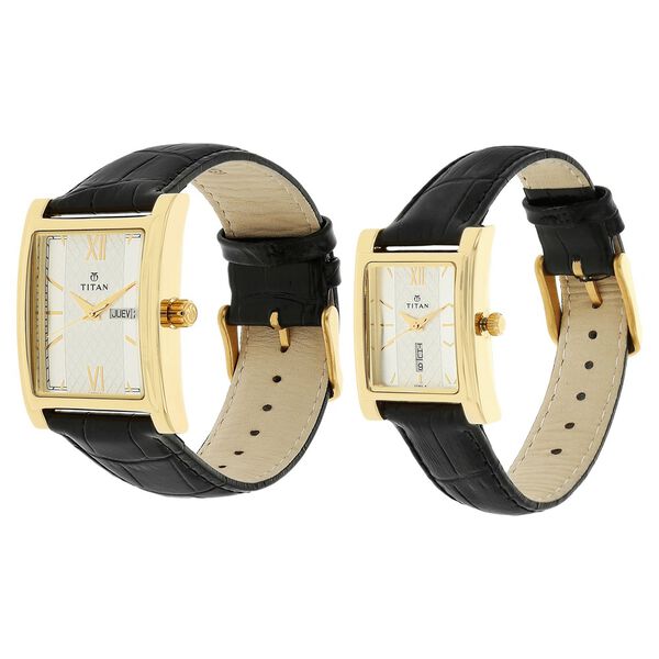 Titan Quartz Analog with Day and Date Silver Dial Leather Strap Watch for Couple - image number 1