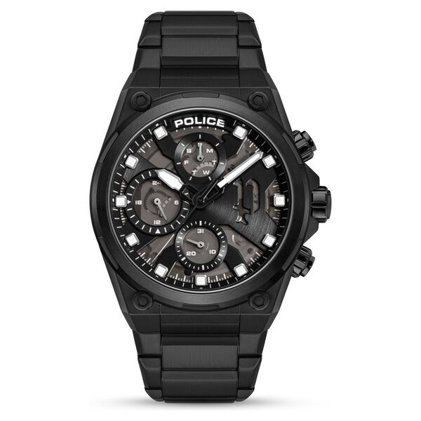 Police Multifunction Black Dial Black Stainless Steel Strap Watch For Men
