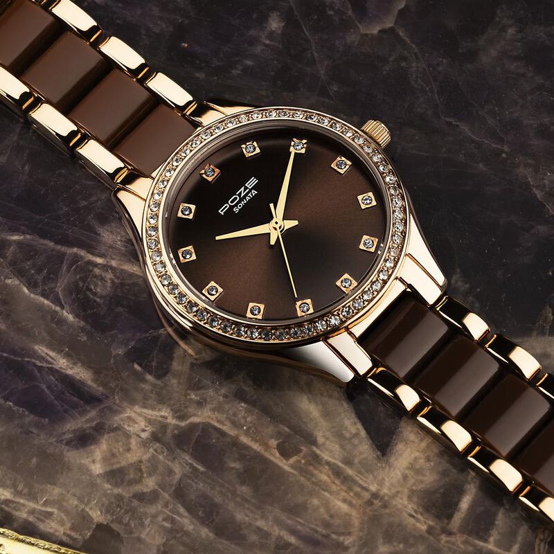 Sonata Poze Quartz Analog Brown Dial Metal & Plastic Strap Watch for Women
