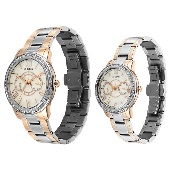 Titan Royal Bandhan Quartz Analog with Day and Date Pink Dial Two Toned Strap Watch For Couple - image number 2