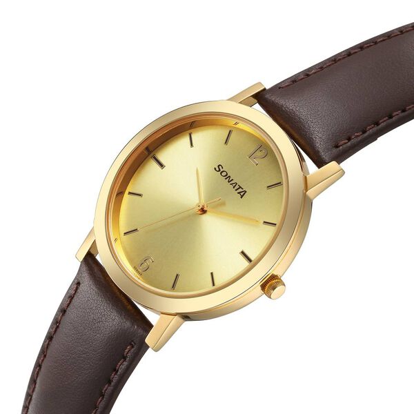 Sonata Utsav Quartz Analog Champagne Dial Leather Strap Watch for Men - image number 2