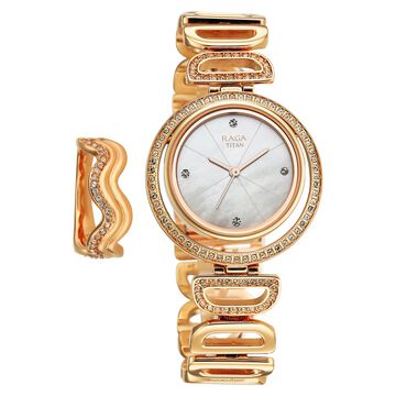 Titan Raga Glimmers Quartz Analog Mother of Pearl Dial Rose Gold Metal Strap Watch For Women