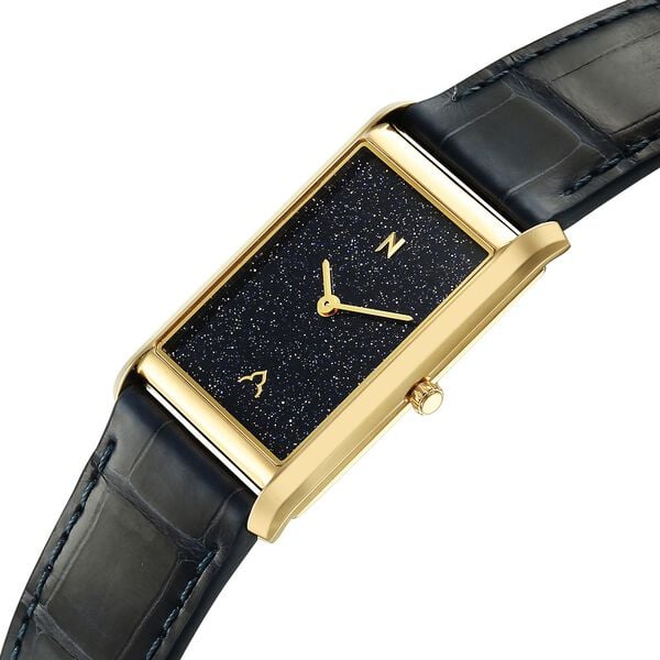 Titan Nebula Amer Stone 18 KT Gold Quartz Analog Aventurine Dial Blue Leather Strap Watch For Men - image number 3